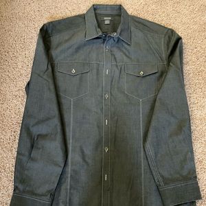 Men’s long sleeve grey pinstripe dress shirt.